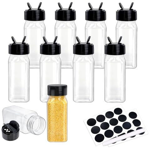 GADITIEK 10 Pots à épices bocaux epices en plastique avec bouchon noir, 100 ML Pot a epices vides hermétique, Bocaux à épices cuisine rangement avec Un Stylos, 240 Étiquettes (Carré)