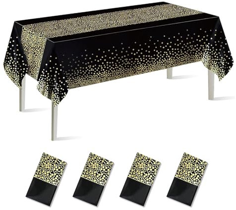 Lonsien Schwarz Gold Party Tischdecke Einweg 4 Stück Tischdecke Bierzeltgarnitur 137 x 274 cm Wasserdicht Plastik Rechteckig Tischtuch Geeignet für Hochzeit, Weihnachten, Abschlussfeier,Geburtstag