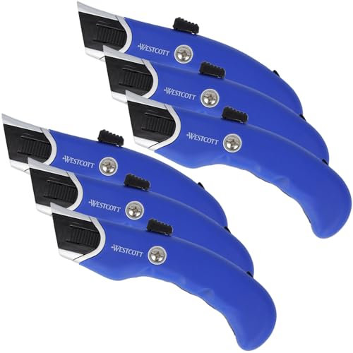Westcott Taglierina di sicurezza resistente, 6 pezzi | Coltello multiuso con lama trapezoidale da 19 mm | Include 5 lame di ricambio | Lama a molla per la massima sicurezza | Manico ergonomico |