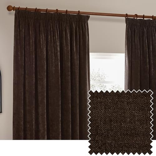 furn. Yard Heavy Chenille Pencil Pleat Curtain Pair – Lined Room Darkening Soft Velvet Curtains (Brown - Width 168 x Drop 229cm)