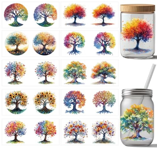 arricraft 10 Pcs Plant UV DTF Cup Wrap Transfer Sticker, 10 Styles Tree of Life Flower Transfer Paper Rub on Stickers PVC Cup Waterproof Rub Decals for Cup Glass 24x11cm/9.4x11inch