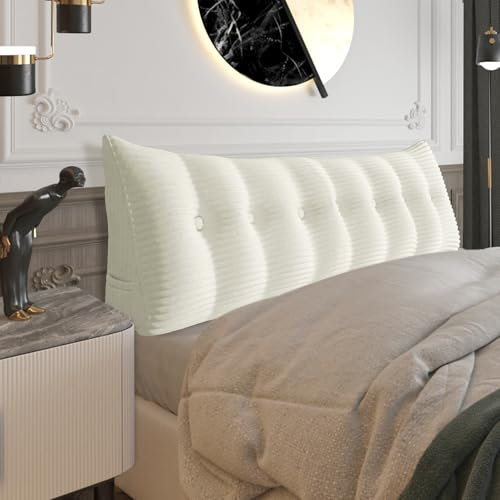 BNCKTRD Rückenkissen Keilkissen Rückenlehne Kissen für Bett Sofa Kopfteil Gepolstert Bettkissen Wandkissen Sofakissen Groß Rueckenkissen Couchkissen Dekokissen Kordsamt Azur Elfenbein Weiß 180cm
