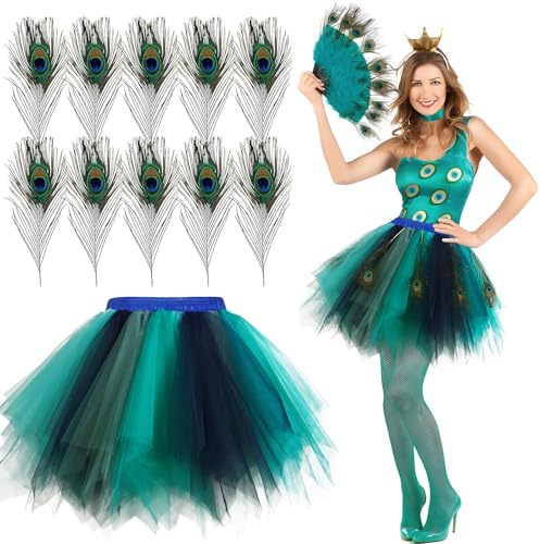 BOFUNX Damen Pfau Kostüm, Tüllrock Blau Grün Tutu Rock + 10 Stücke Pfauenfedern für Fasching Karneval Mottoparty Kostüm Accessoires