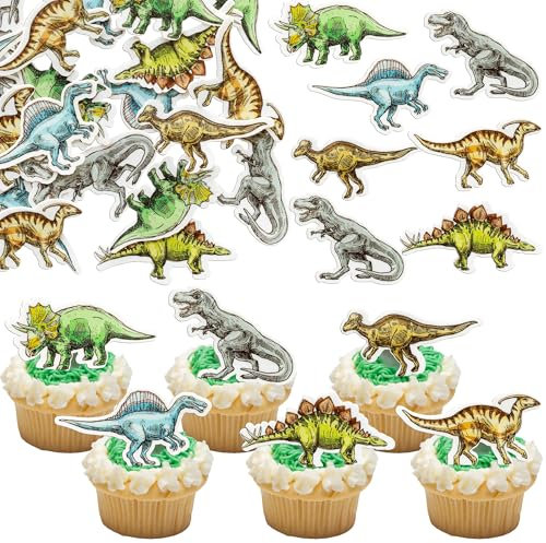 Ephlyn 48Pcs Edible Dinosaur Cupcake Toppers Wafer Paper Roar Dinosaur Cupcake Picks Dino Cake Decorations for Kids Boys Dinosaur Theme Birthday Baby Shower Party Decorations