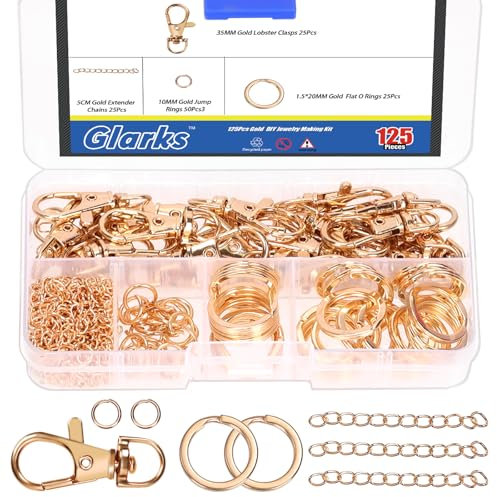 Glarks 125pcs Golden Keychain Craft Supplies einschließlich Schlüsselanhänger Clips mit Kette, Hummer Claw Verschlüsse, Schlüsselringe und Jump Ringe für Schlüsselanhänger Schmuck Handwerk Herstellung
