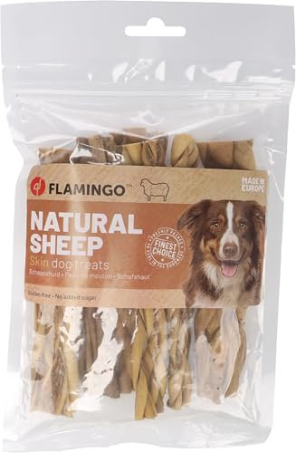 Flamingo Leckerli Hund – Snack Nature Schafshaut Breit – 100g – glutenfrei – ohne Zuckerzusatz – naturbelassene Kaustreifen