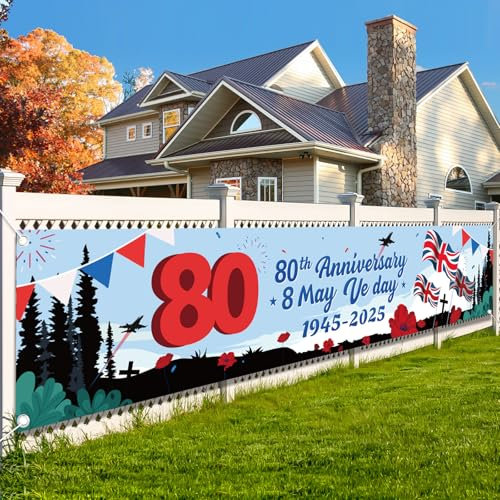 AhfuLife 2 große VE-Day-Banner zum 80. Jahrestag für den Sieg in Europa 2025, lange Stoff-Wimpelkette für 80 Jahre 1945, britische Siegesfeier, Erinnerungsstücke für drinnen und draußen