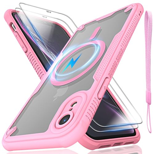 for iPhone XR Case, Translucent Matte Back Compatible with Magsafe Magnetic Slim Shockproof Protective Case with Lanyard Strap and 2*9H Tempered Glass Screen Protector Phone Cover 6.1-inch-Pink