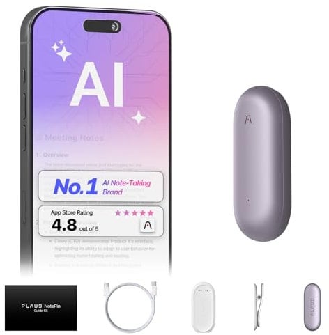 AI Voice Recorder, PLAUD NotePin Voice Recorder, App Control, AI Notetaker, AI Transcribe & Summarize, Support 112 Languages, 64GB Memory, Audio Recorder for Lectures, Meetings, Sunset Purple