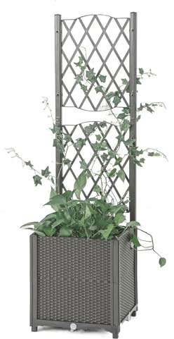 RELAX4LIFE Blumenkasten mit Rankgitter, Rankgitter mit Rattanoptik Pflanzkasten, Pflanzkübel mit Spalier, Hochbeet mit Rankhilfe, Spalier mit Blumentopf für Garten (Grau, 40 x 40 x 140 cm)