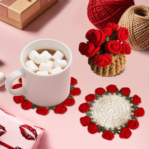 Crochet Flower Bouquet Coasters,Handmade Vintage Crochet Floral Bouquet Coaster Mini Handmade Crochet Rose Romantic Knitted Gift For Birthday Anniversary Home Desk Decor