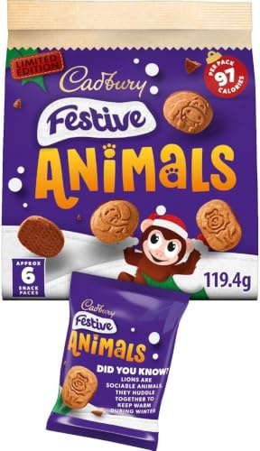 Cadbury Festive Animal Shaped Biscuits, 6 x 19.9 g (Pack of 1) | Chocolate Coated, Limited Edition, Individually Wrapped, For Lunchboxes & Stockings, Holiday Treats