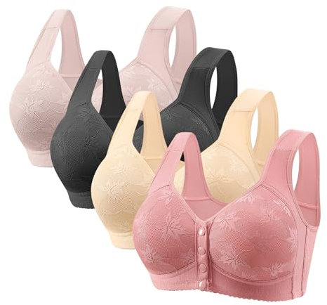 4 Pack Bra for Women UK Sale Full Coverage Lace Bras Ladies Front Fastening Bralette Sexy Push Up Everyday Bra Seamless Bralettes Elegant Underwear with Wide Straps Comfortable Bras Brassiere