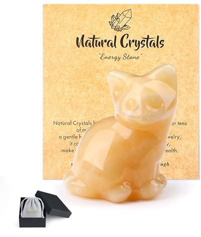 QINJIEJIE Yellow Jade Crystal Cat Figurine Crystal Gifts for Women | Good Luck Cat Themed Gift Cats Statue Home Office Desk Decor, Spiritual Gifts for Cats Lovers Men Christmas 1.5
