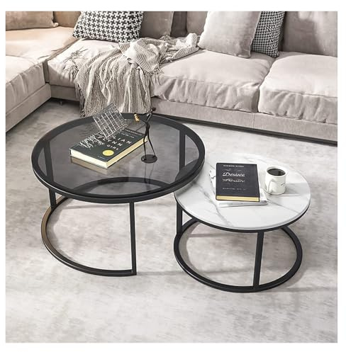 Modernes Wohnzimmer-Couchtisch-Set (2er-Pack): Großer runder Couchtisch aus Glas, Kleiner runder Sofatisch mit Schieferplatte for das Wohnzimmer(Grey Glass,80+60cm(31+24inch))
