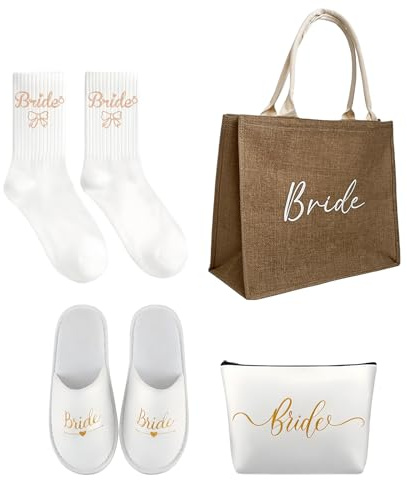 4 Stück Braut Geschenke Set JGA Accessoires Frauen Jute Tragetasche mit Kosmetiktasche, Hausschuhe, Socken, Bride To Be Kosmetiktasche JGA Jutebeutel für JGA Hochzeit Brautparty Strand Verlobung