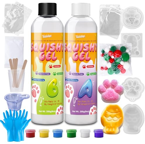 Squishy Selber Machen Set, 500g Flüssigsilikon Squishy Bastelset mit 4 Formen (Katzenpfote, Hamster, Bär, Taiyaki), blasenfrei, 1-2 Stunden Schnelle Aushärtung mit Anleitung, Stressabbauendes Geschenk