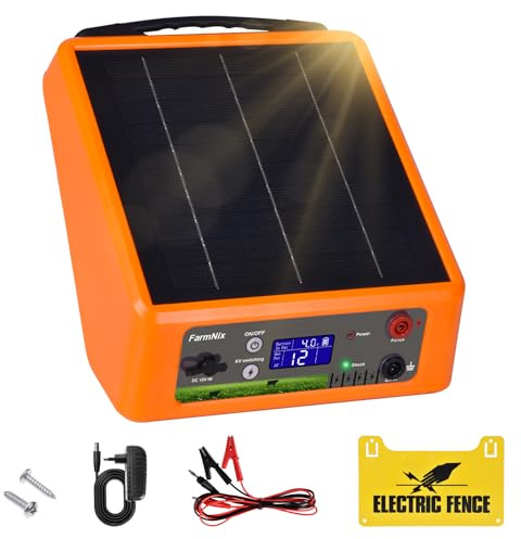 FarmNix Solar Weidezaungerät 32KM mit 18Ah Lithium Akku, 6-12KV & 0.3-2.0J | 6W Solarpanel Elektrozaun Gerät, IP55 Wasserdicht für Pferde, Rinder, Schafe, Wildschweine (Orange)