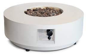 Happy Cocooning Gaskamin Feuertisch Estate Round 76– Ø 76 x 36 cm – 16,5 kW Edelstahlbrenner – Wetterfester Verbundstoff – Inkl. Lavasteine (Oyster Beige)