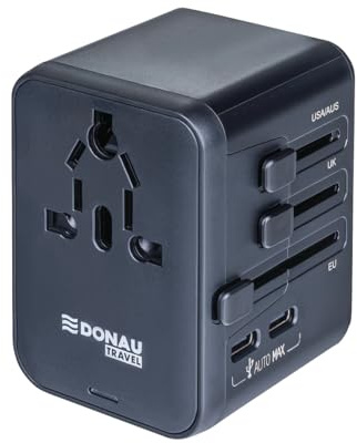 DONAU TRAVEL Universal Reiseadapter Weltweit/mit 2 USB-C, 2 USB-A,/ Schwarz/für Europa England USA Australien China Kanada/Internationaler Netzadapter, Universaladapter/LED-Ladeanzeige