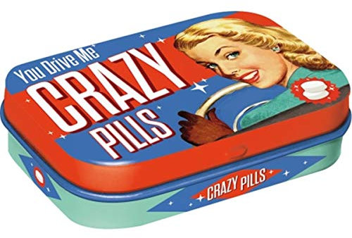 Nostalgic-Art Retro Pillendose, 4 x 6 x 1,6 cm, Crazy Pills – Geschenk-Idee für Nostalgie-Fans, mit Pfefferminz-Dragees, Vintage Design