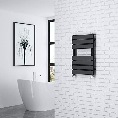 NRG 650 x 400 mm Black Bathroom Flat Panel Heated Towel Rail Ladder Radiator Central Heating Towel Warmer + One Pair of Free Angle Valves