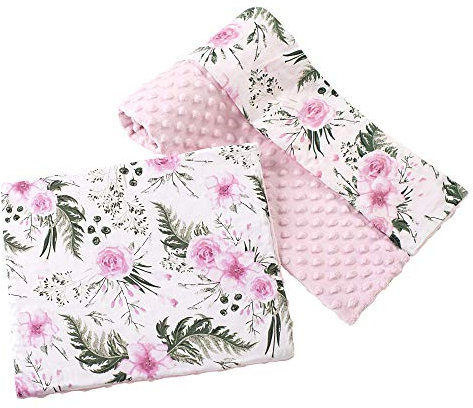 Medi Partners Babydecke Krabbeldecke mit Kissen 100% Baumwolle Minky Kinderdecke groß zweiseitig 75x100 + 35x30cm multifunktional für Bett Kinderwagen (rosa Blument mit Hellrosa Minky)