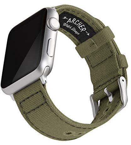 Archer Watch Straps - Correas de Reloj de Tela para Apple Watch (Verde Oliva Desteñido, Plata, 44/45/46/49mm)