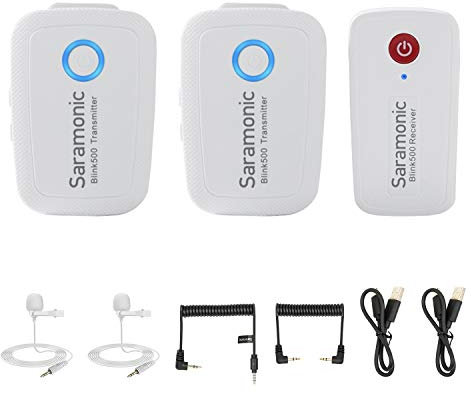 Saramonic Wireless Lavalier Microphone, Blink500 B2 2.4GHz Lapel Mic Chargeable Transmitter for DSLR Video Camera Smartphone(White) Receiver Kit