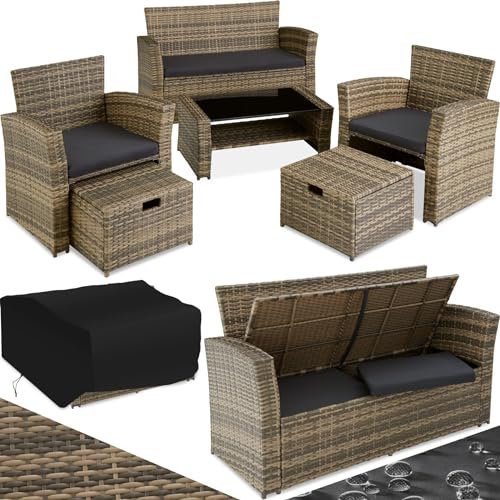 TecTake® Ensemble Salon de Jardin Exterieur en Poly Rotin 1 Banquette Exterieur 2 Fauteuil 2 Tabouret et 1 Table de Jardin, Mobilier de Jardin pour Amenagement Balcon - Marron Naturel