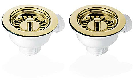 2X 90mm Gold Basket Strainer Waste for Astini, RAK, Rangemaster Ceramic Sink