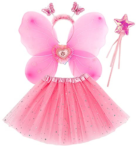 M MUNCASO Feenkostüm-Set für Mädchen, Schmetterlingsflügel, Zauberstab und Stirnband, Set für 3-8 Jahre Mädchen, rose, 3-8 Jahre