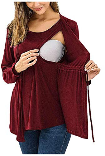 KKPW T-Shirt Maternité Manches Longues Blouse Femme,Rouge,L