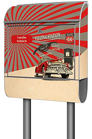 banjado® Briefkasten mit Standfuß personalisierbar Motiv Filling Station - Stand Briefkasten mit Zeitungsfach pulverbeschichtet aus Stahl Silber - Postkasten A4 Einwurf inkl. 2 Schlüssel