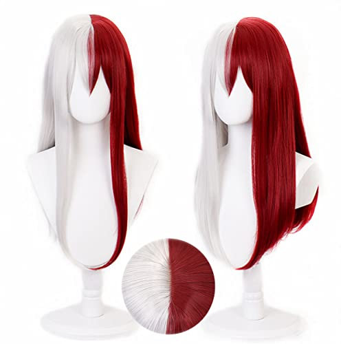 Liamiona Cosplay Perücke Lange Lockige Perücke Silber Rot Gemischt Hitzebeständig für Halloween Party + Kostenlose Perückenkappe