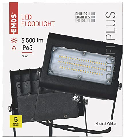 EMOS LED Strahler Profi Plus 30W, IP65 wasserdichtes Flutlicht für Feuchträume, Innen und Außen, Helligkeit 3500lm, Neutralweiß 4000K, CRI>80, Lebensdauer 50000h, 5 Jahre Garantie, Schwarz, ZS2422