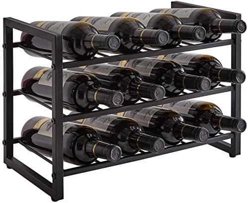 IBUYKE Metal Wine Rack, 12 Bottles Stackable Wine Organizer, Liquor Bottle Holders, 3 Tier, Inserts for Cabinet, Countertop, Pantry, Bar, Small Space, Study Steel Wine Bottle Organizer TMJ906H