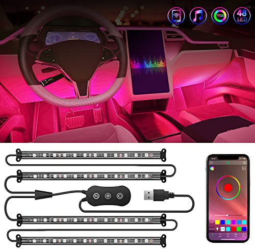 Nilight 4PCS USB Auto Innenbeleuchtung 48 LEDs RGB LED Streifen mit App Steuerung Musik Sound Aktiv Modus Unter Armaturenbrett Fußraum Ambient 2 Linien Design für LKW ATV UTV