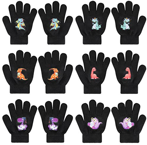 QKURT 6 Paio Guanti Invernali in Maglia per Bambini,Guanti a Dita Intere Guanti Caldi per Bambine,Guanti da Esterno Magici per Ragazzi e Ragazze con Dinosauro/Escavatore