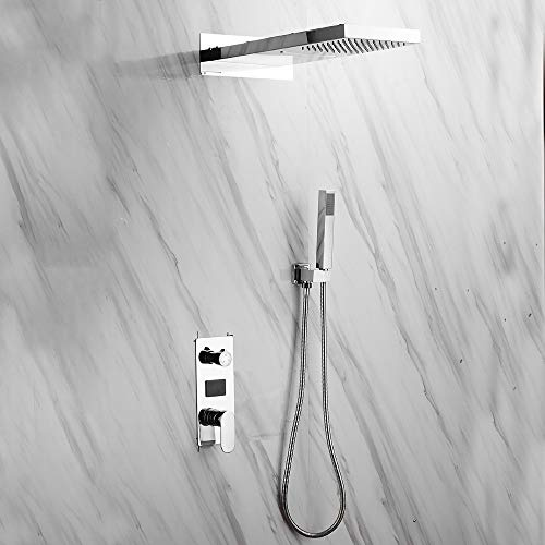 Set di rubinetti per doccia a pioggia, da parete, con doccetta, set per doccia, montaggio a parete, rubinetto per doccia, a incasso, design a cascata, sistema doccia, termostato a LED