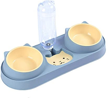 Colcolo 3 in 1 Pet Feeder Waterer Drinking Pet Feeding Station 500ml Water Bottle Food Container Non Slip Detachable Cat Bowls, Blue