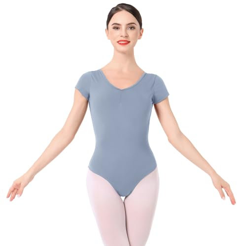 IMEKIS Damen Ballettanzug Kurzarm V-Ausschnitt Ballett Trikot Blumenspitze Rückenfrei Tanzbody Gymnastikanzug Einfarbig Gymnastik Ballerina Top Tanzbekleidung Grau XL