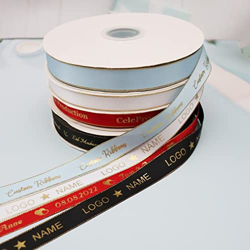 Benutzerdefiniertes Band, personalisiertes Logo, bedrucktes Satinband, goldene Kanten, Hochzeit, Party, Geschenkbox, Backverpackungen (10 mm Band, 90 m)