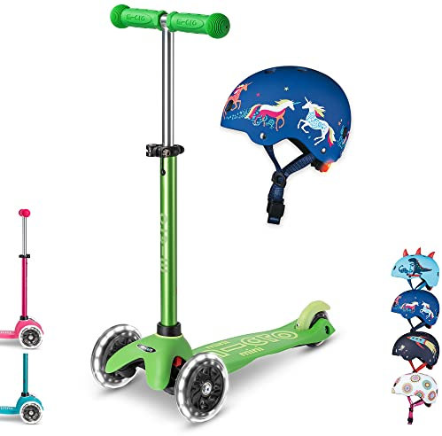 mini micro™ Deluxe LED | Das ORIGINAL | Kinder Roller ab 2 Jahren | inkl. zertifiziertem Helm | Kinderroller von 2-5 Jahre | Kickboard Scooter | 2 3 4 5 Jahre (Roller Grün: / Helm: Unicorn, S)