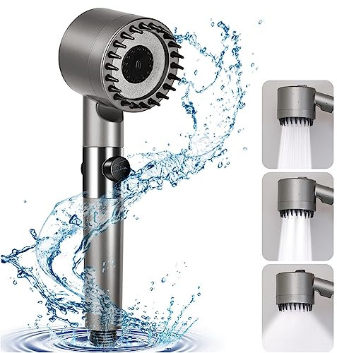Homradise Shower Head, Shower Head Filter, High Pressure Shower Heads with Holder, Stop Function, Four Types of Jets Hard Water Filter Shower Head, Power Shower Head, Gray