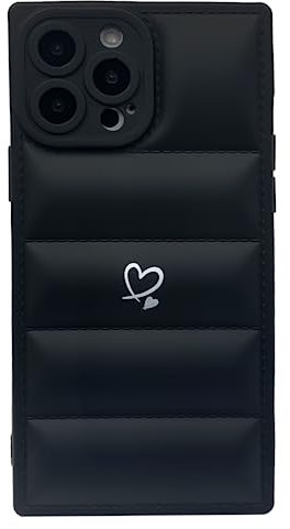 Puffer Handyhülle für iPhone 13 Pro, quadratischer Rand mit trendigem, niedlichem, weißem Herz – The North Puffy Down Jacket Face Stoßfeste Kamera – Elegantes und luxuriöses Design für Apple-Hüllen