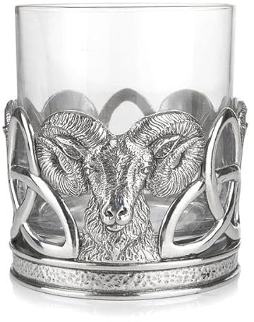 A E Williams Whisky Tumbler with Pewter Ram Design| Crystal Glasses with Heavy Bottom | Wine Cocktail Bourbon Drinking Glass | Unique Men’s Gift for Birthday Party Anniversary