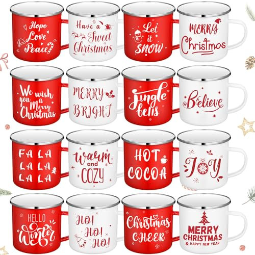 12 Pcs Christmas Enamel Coffee Mugs Set with Quotes, 12 Oz Merry Christmas Holiday Camping Mugs Bulk Seasonal Winter Cups Funny Novelty Xmas Coffee Mugs Gift for Women Coworkers Family Friend