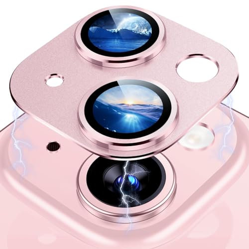 Smasener Pour iPhone 15 / iPhone15 Plus Caméra Protection, [Conception d'une seule pièce] Alliage D'aluminium Verre Trempé Protection Objectif Caméra Arrière pour iPhone 15 / iPhone15 Plus (rose)