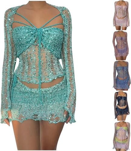 FunAloe Women's 3 Piece Sequin Skirt Set - Y2K Knitted Crochet Long Sleeve Halter Crop Top, Cardigan, Short Skirt - Winter Outfits Going Out Suits